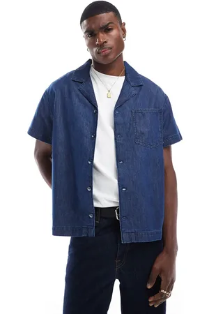 Another Influence Revere collar boxy denim shirt in -Navy