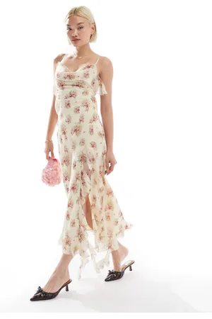 Love Triangle Ruffle maxi dress with open back in -Multi