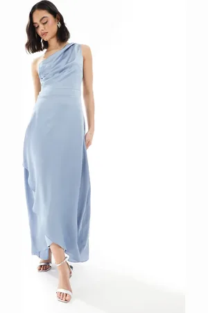 TFNC Bridesmaid one shoulder satin maxi dress with wrap skirt in