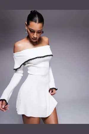 Missyempire Missy Empire knitted bardot fold over lace trim mini dress in white
