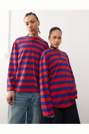 Reclaimed Unisex stripe henley long sleeve top in orange and
