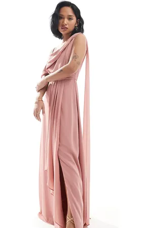 TFNC Bridesmaid one shoulder drape maxi dress with wrap skirt in
