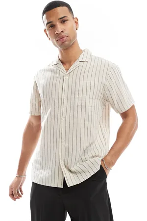 Another Influence Striped linen look short sleeve shirt in sand and navy-Neutral