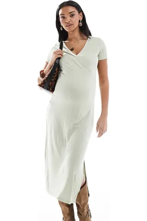 Mama;licious Mamalicious Maternity short sleeved ribbed jersey maxi dress in sage green