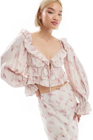 Love Triangle Crinkle frill crop top in blur print (part of a set)-Pink