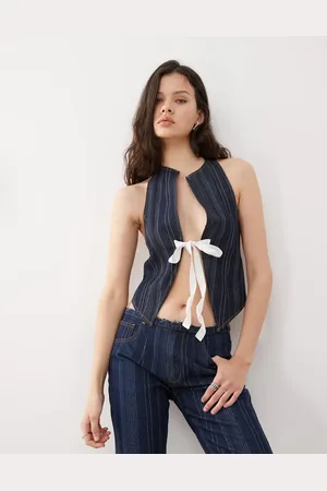 Lioness Denim halterneck contrast bow split front top in (part of a set)-Navy