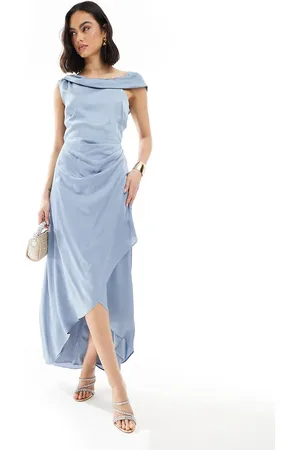 TFNC Bridesmaid satin fallen shoulder maxi dress with wrap skirt in