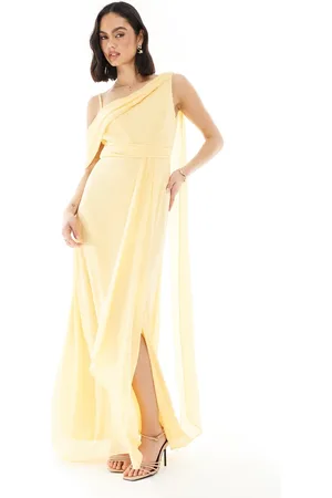 TFNC Bridesmaid one shoulder drape maxi dress with wrap skirt in -Yellow