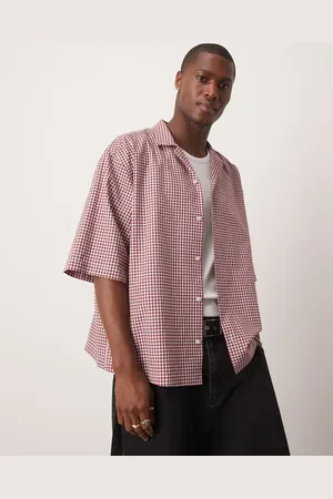 ASOS Oversized boxy shirt with half sleeve in mini check-Red