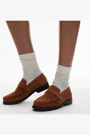 Topshop Carey suede loafers with ruched detail in -Brown