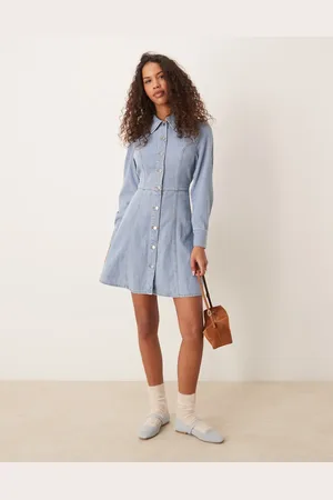 JDY Long sleeve belted denim dress in light wash blue
