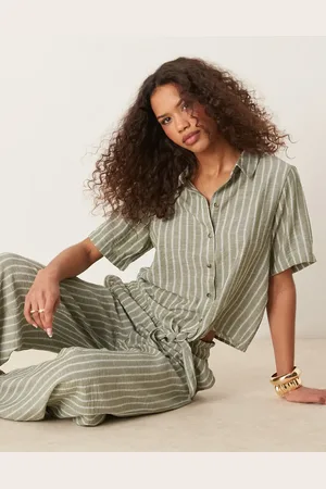 JDY Knot front shirt in sage stripe (part of a set)-Green