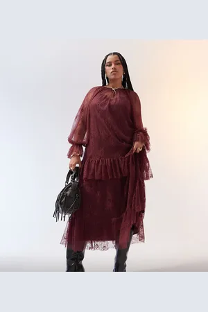 ASOS ASOS DESIGN Curve ruffle detail lace maxi dress in -Red