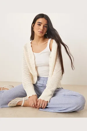 ASOS Knitted crochet look cardigan with scalloped edge in -White