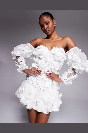 ASOS 3D floral embellished off shoulder puff sleeve mini dress in