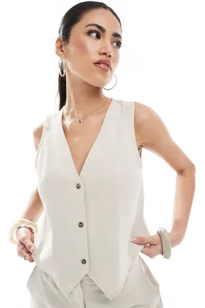 VERO MODA Linen touch waistcoat in stone (part of a set)-Neutral