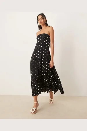 Abercrombie & Fitch Asymmetric strapless clasp back midi dress in black polkadot