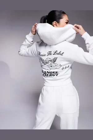 Kaiia Angel energy cherub back print cropped zip up hoodie in white (part of a set)