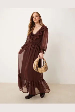 Miss Selfridge Long sleeve ruffle detail maxi dress in -Brown