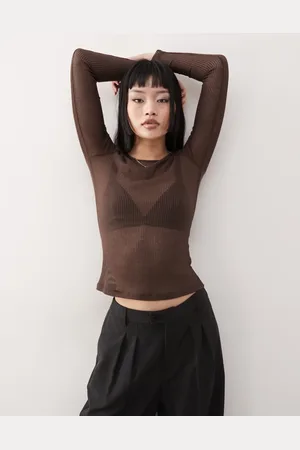 Monki Long sleeve sheer ribbed top in dark chocolate brown