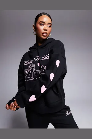 Kaiia Angel logo puff heart sleeve detail oversized hoodie in and pink (part of a set)