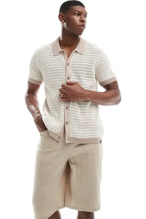 Lee Knitted polo in cream/beige stripe-Neutral
