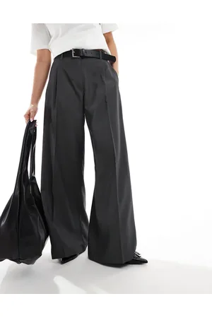 Monki High waist wide leg tailored pants in dark melange
