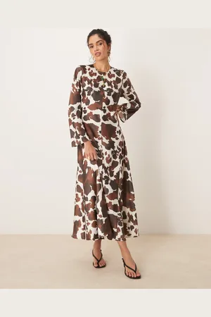 Y.A.S Long sleeve satin maxi dress in brown cow print-Multi