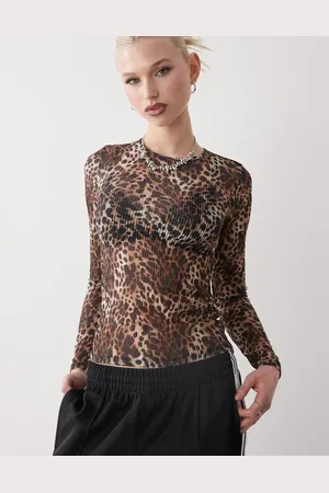 Monki Long sleeve sheer ribbed top in print