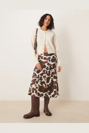Y.A.S Satin midi skirt in brown cow print-Multi