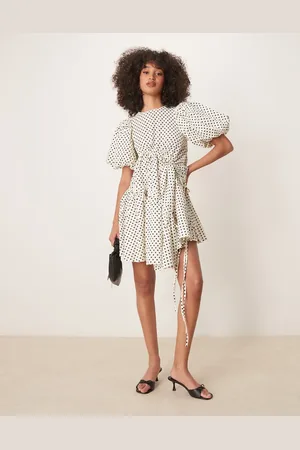 Ghospell Ruched asymmetric polka dot mini dress in -White