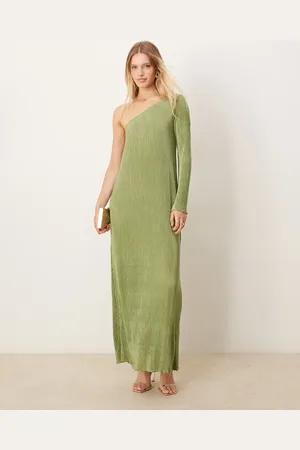 VILA Plisse one shoulder long sleeve maxi dress in green
