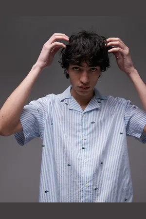 Lacoste Loungewear short sleeve striped shirt in light with all over croc print