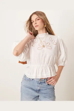 Gina Tricot Puff sleeve blouse top with embroidered cutwork front bodice detail in