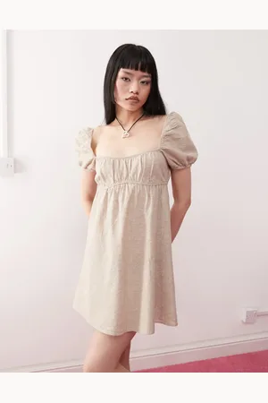 Monki Linen puff sleeve mini dress in exclusive to ASOS-Neutral
