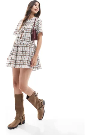 ONLY Tie front tiered mini dress in brown check