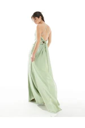 TFNC Bridesmaid cami satin maxi dress with chiffon tie back in -Green