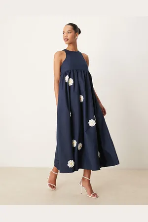 Sister Jane Dream empire waist embroidered flower midi dress in navy-Blue