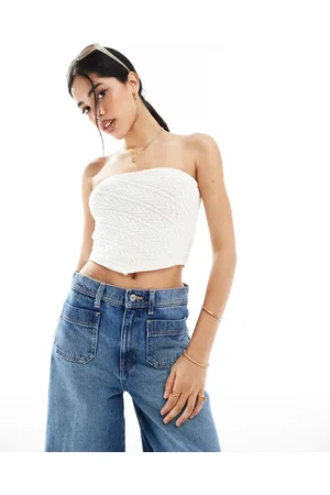 Bershka Knitted bandeau top in -Neutral