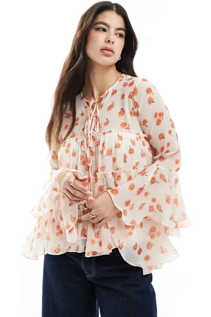 ASOS Tie front tiered blouse with ruffle cuffs in floral print-Multi