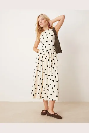 Abercrombie & Fitch High neck drop waist midi dress in black polkadot