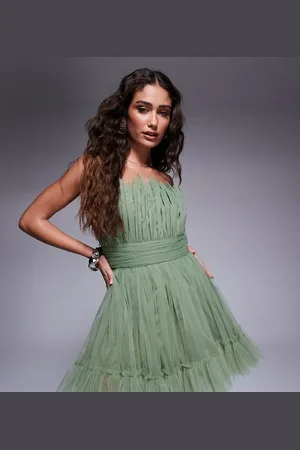 Lace & Beads Bandeau structured mini dress in green