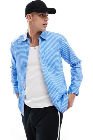 Another Influence Striped poplin patch pocket shirt in blue