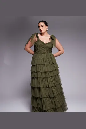 Lace & Beads Bow shoulder tiered tulle maxi dress in -Green