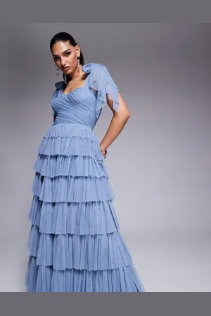Lace & Beads Bow shoulder tiered tulle maxi dress in