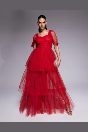 Lace & Beads Off shoulder hi lo tulle maxi dress in