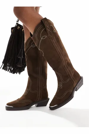 ASOS Celeste flat western knee boots in choc faux suede-Brown