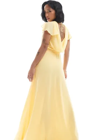 TFNC Bridesmaid flutter sleeve cowl back chiffon maxi dress in -Yellow