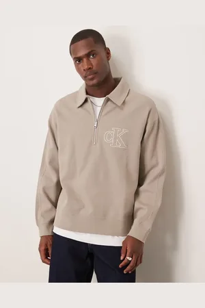 Calvin Klein Collared knit 1/4 zip logo jumper in khaki-Green
