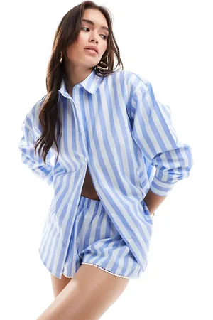 Cotton On Cotton On poplin long sleeve and shorts sleep set in blue pinstripe-Yellow